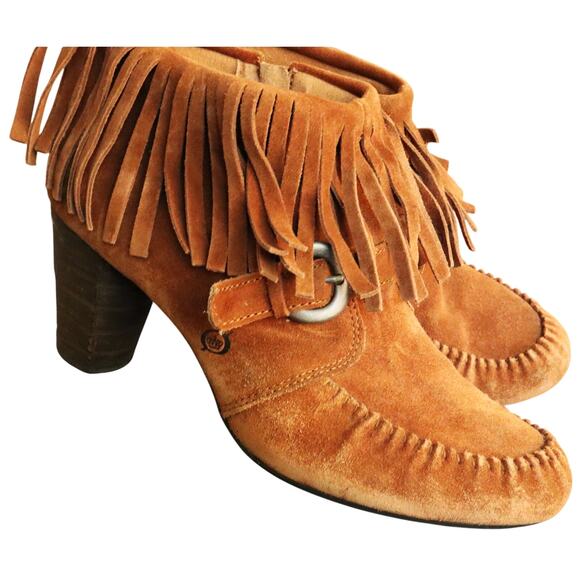 Born Shoes - BORN Tan Suede Leather Ankle Boots Booties Fringe Thora Moccasin Block Heel 11